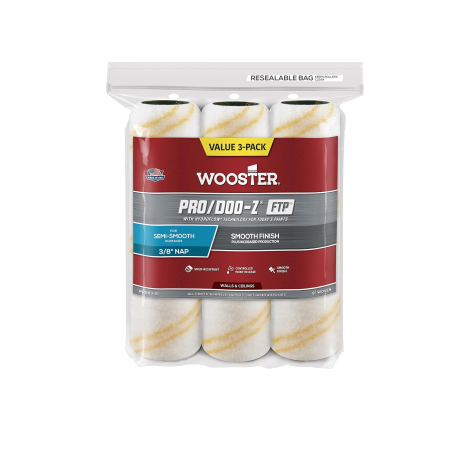 The WOOSTER Pro/Doo-Z FTP 9 in. Roller Cover by WOOSTER is a value 3-pack in a resealable bag, ideal for semi-smooth surfaces. Professional painters prefer its smooth finish with a 3/8 nap. The rollers are white with a yellow stripe.